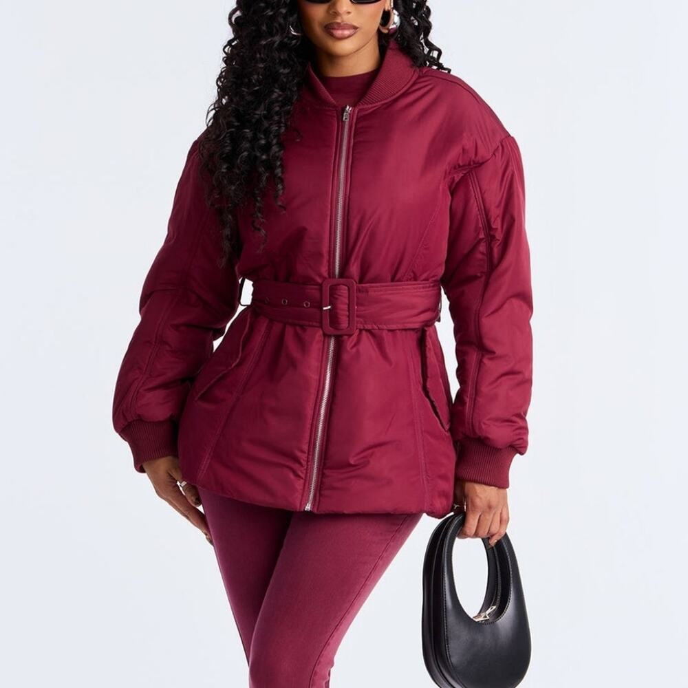 Pre-Loved Fashion Nova Giana Burgundy Belted Peplum Puffer Jacket